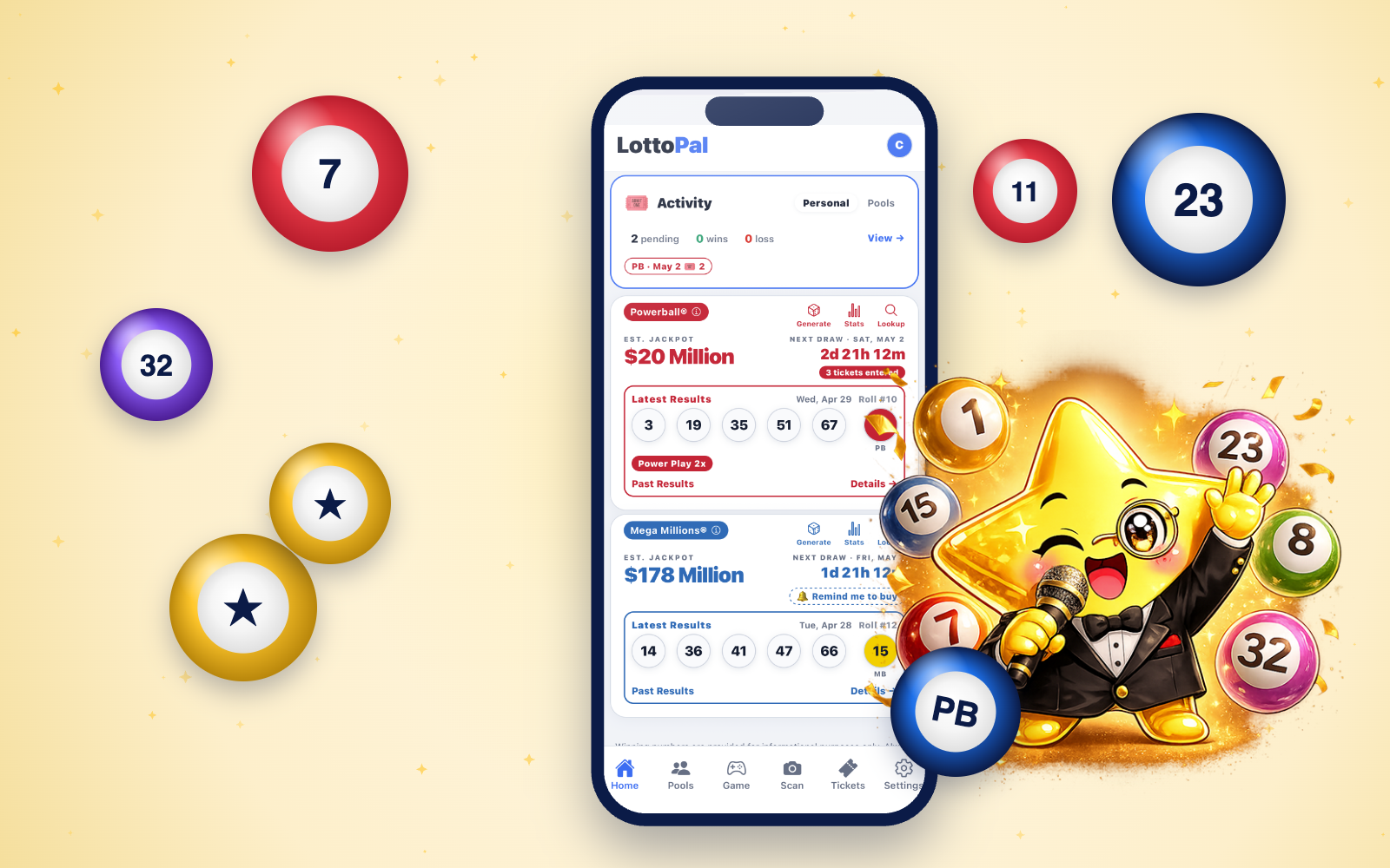 LottoPal mascot with lottery balls